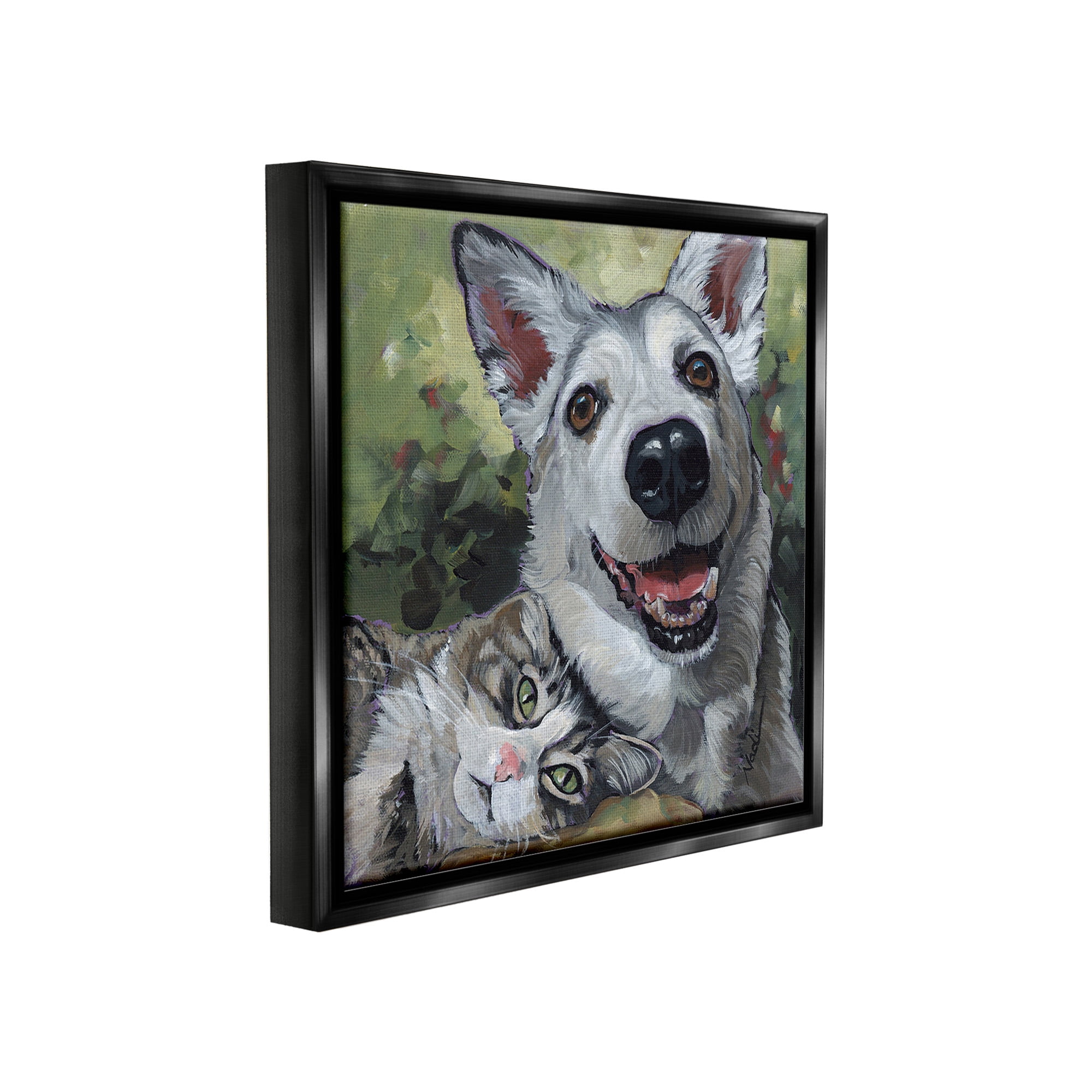Stupell Industries Dog & Cat Friendship Animals & Insects Painting Black Floater Framed Canvas Art Print Wall Art, 25 x 25