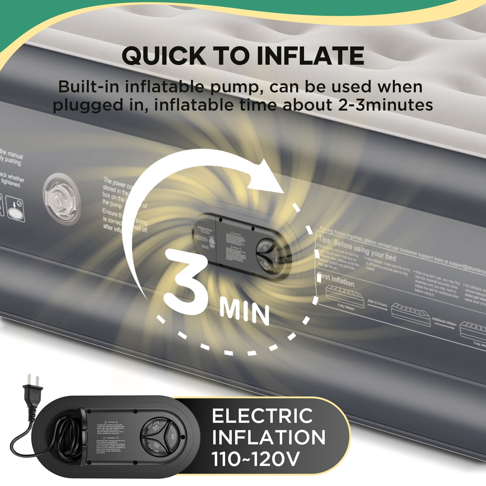 Ophanie Queen Air Mattress, 18-Inch Elevated Inflatable Bed with Built-in Pump, Puncture-Resistant Mattresses, Quick Inflation/Deflation, Portable for camping & Guests, Dark Gray