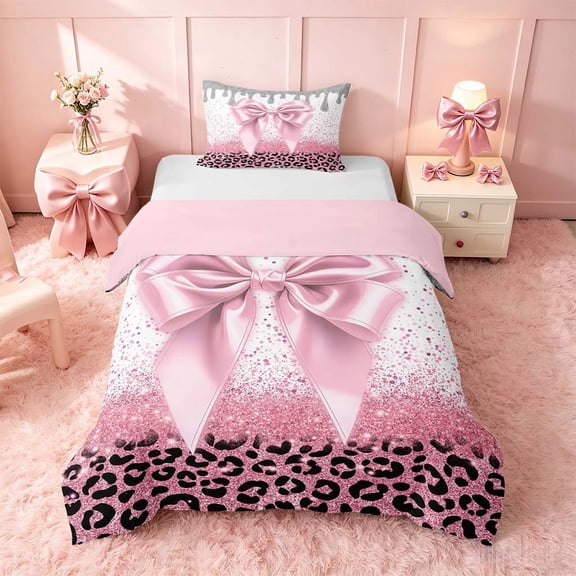 Homewish Pink Bowknot Twin Duvet Cover for Princess Girls, Glitter Cheetah Print Twin Bedding, Pink Reversible, 2 Pieces 1 Duvet Cover and 1 Pillowcase