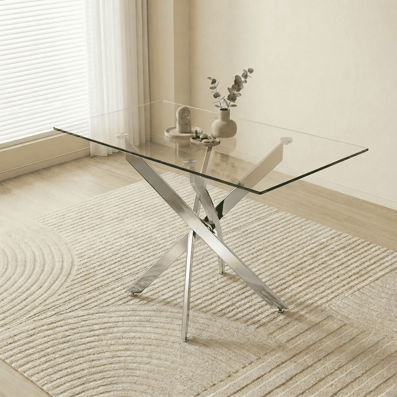 Garitin Dining Table and Rectangular Glass Top Kitchen Table 47.24 Inch, Modern Center Table with Silver Metal Legs for Dining Room, Silver