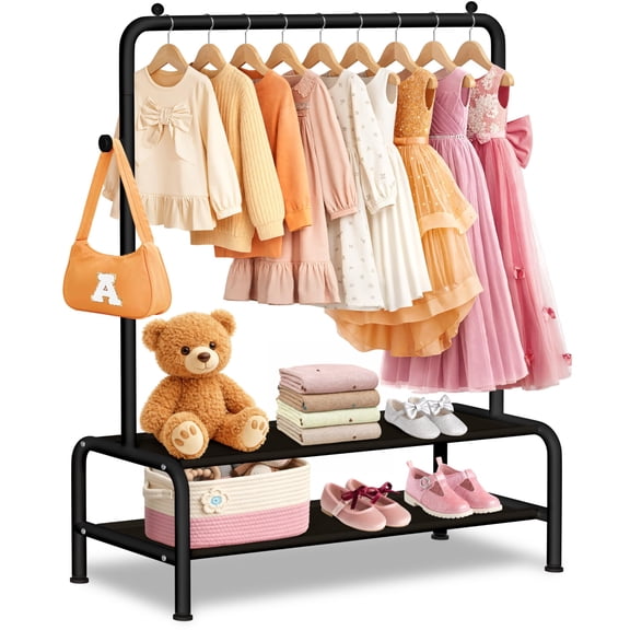 Kids Clothing Rack - Dress Up Storage - Dress Up Rack for Little Girls - Small Kids Costume Wardrobe with 2 Fabric Shelves - Princess Room Bedroom Decor