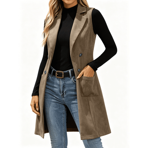 Atkumj Womens Suede Vest with Pockets Trendy Lapel Long Vest for Women Vintage Retro Solid Color Button Front Sleeveless Jacket S