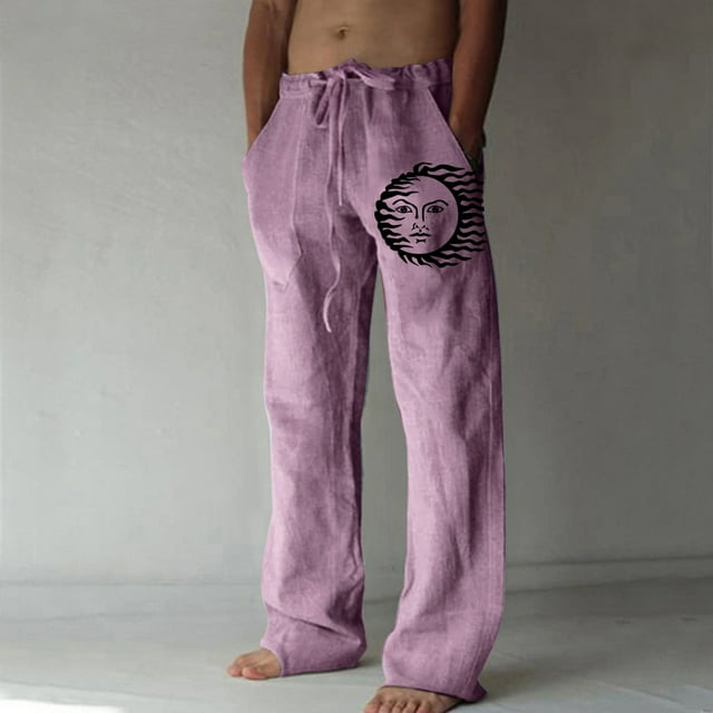 Pantalones largos de verano para hombre, de algodón y lino, con pierna ancha, estampados, con cordones, para deportes y vacaciones