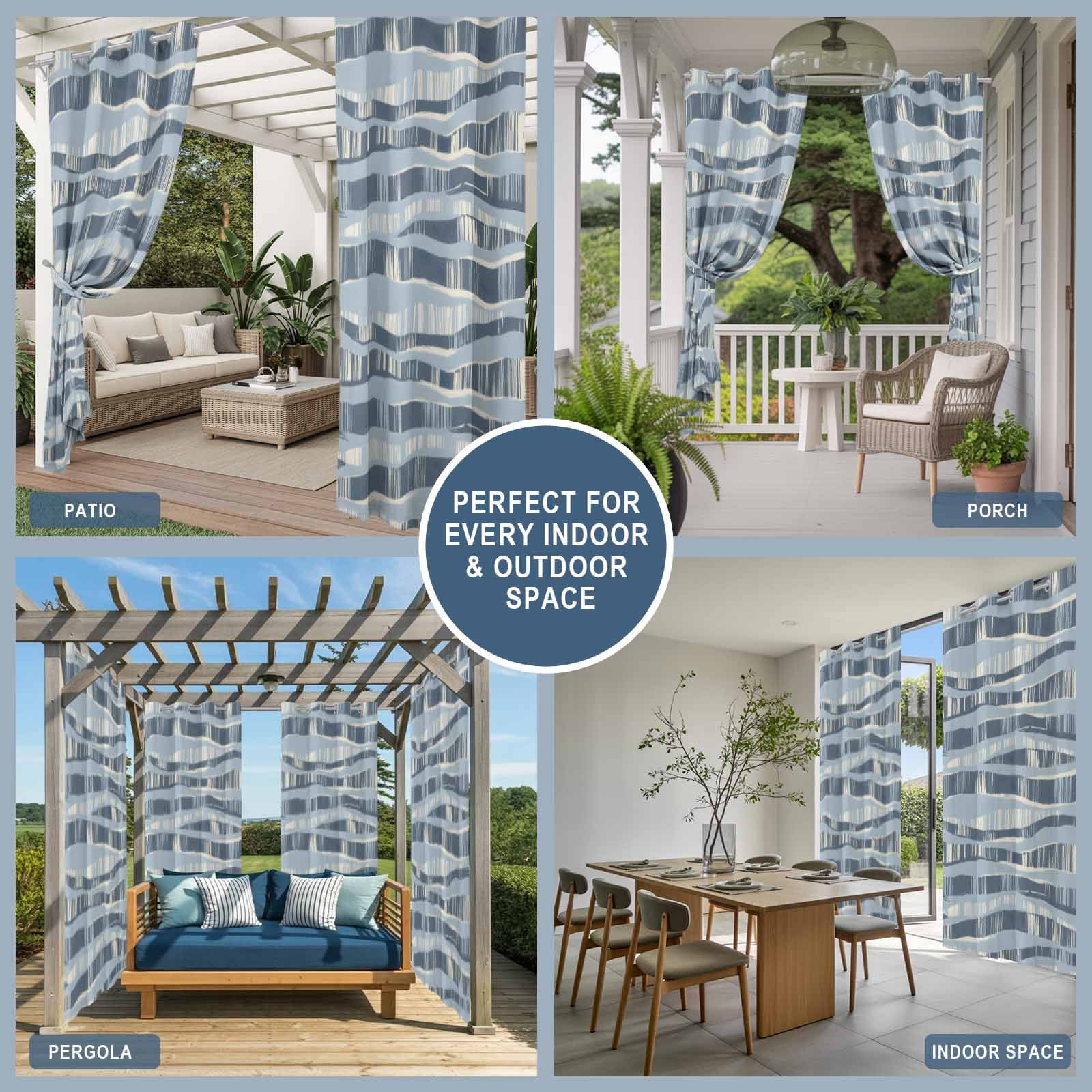 Blue Waves Outdoor Curtains for Patio, Coastal Abstract Indigo Curvy Lines Sunshade Privacy Drapes Grommet Waterproof Outside Curtains for Porch/Cabana/Balcony 54"x 108", 1 Panel
