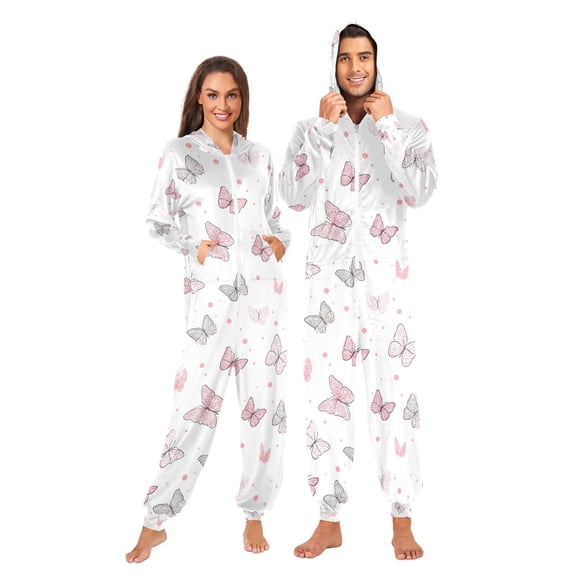 Adult Christmas Onesie Pink Butterfly Adult Zipper One-Piece Pajamas Unisex Pajamas with Pockets