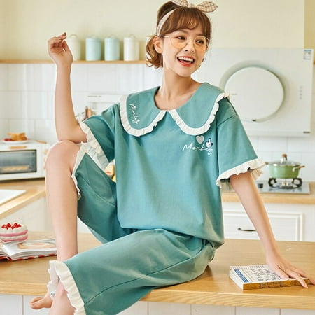 

QWZNDZGR Summer Cartoon Bear Womens Pajama Sets Ladies Female Nightwear Casual Pyjama Capris Pants Yellow Sleepwear Suits Home Clothing