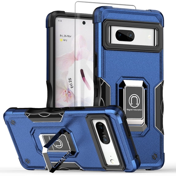 Allytech Google Pixel 7A Case with Ring Holder + 1 Pcs Screen Protector, Kickstand Rugged Shockproof Anti-Scratch Bumper Protective Back Cover Case for Google Pixel 7A - Blue