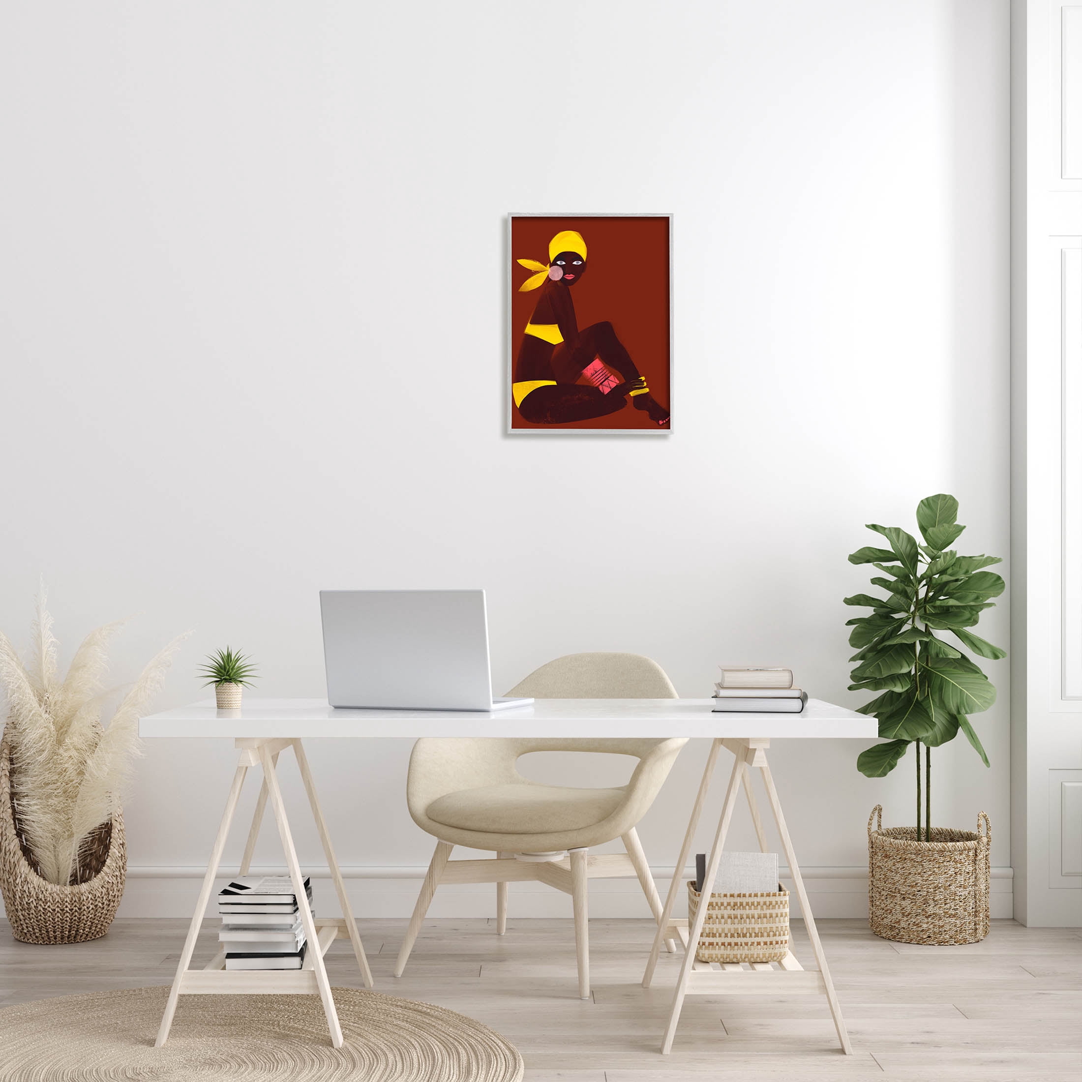 Woman Sitting Yellow Swimsuit Abstract Graphic Art Gray Framed Art Print Wall Art