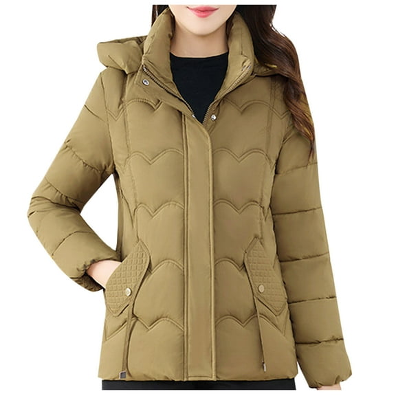 Puffer Jacket for Women with Detachable Hood, Winter Thicken Warm Pockets Quilted Cotton Full-zip Down Coat Outwear (XL, Yellow)
