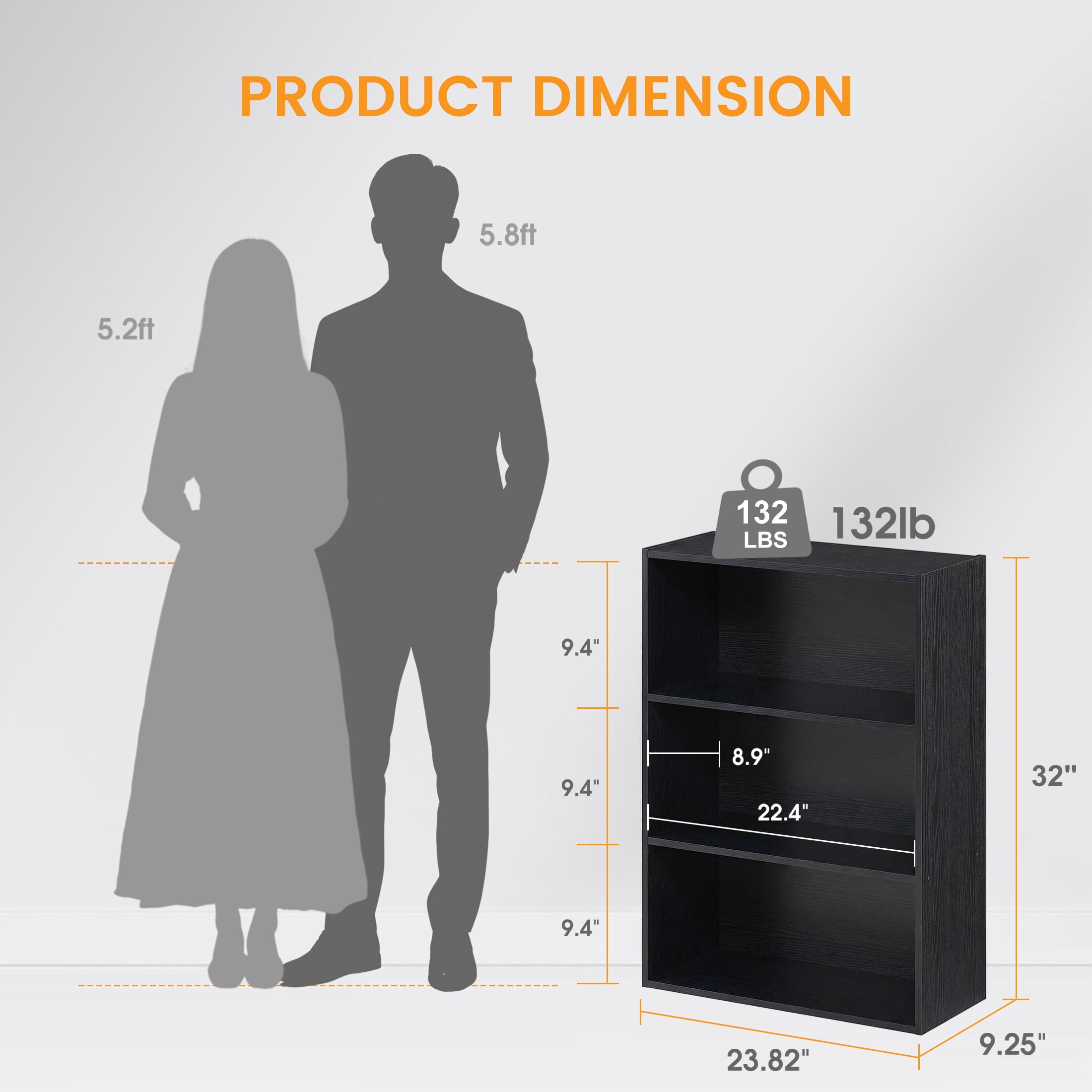 CONCETTA 3 Shelf Bookcase, 32 Inch Tall Floor Standing Open Bookshelf for Home Office and Living Room, Black