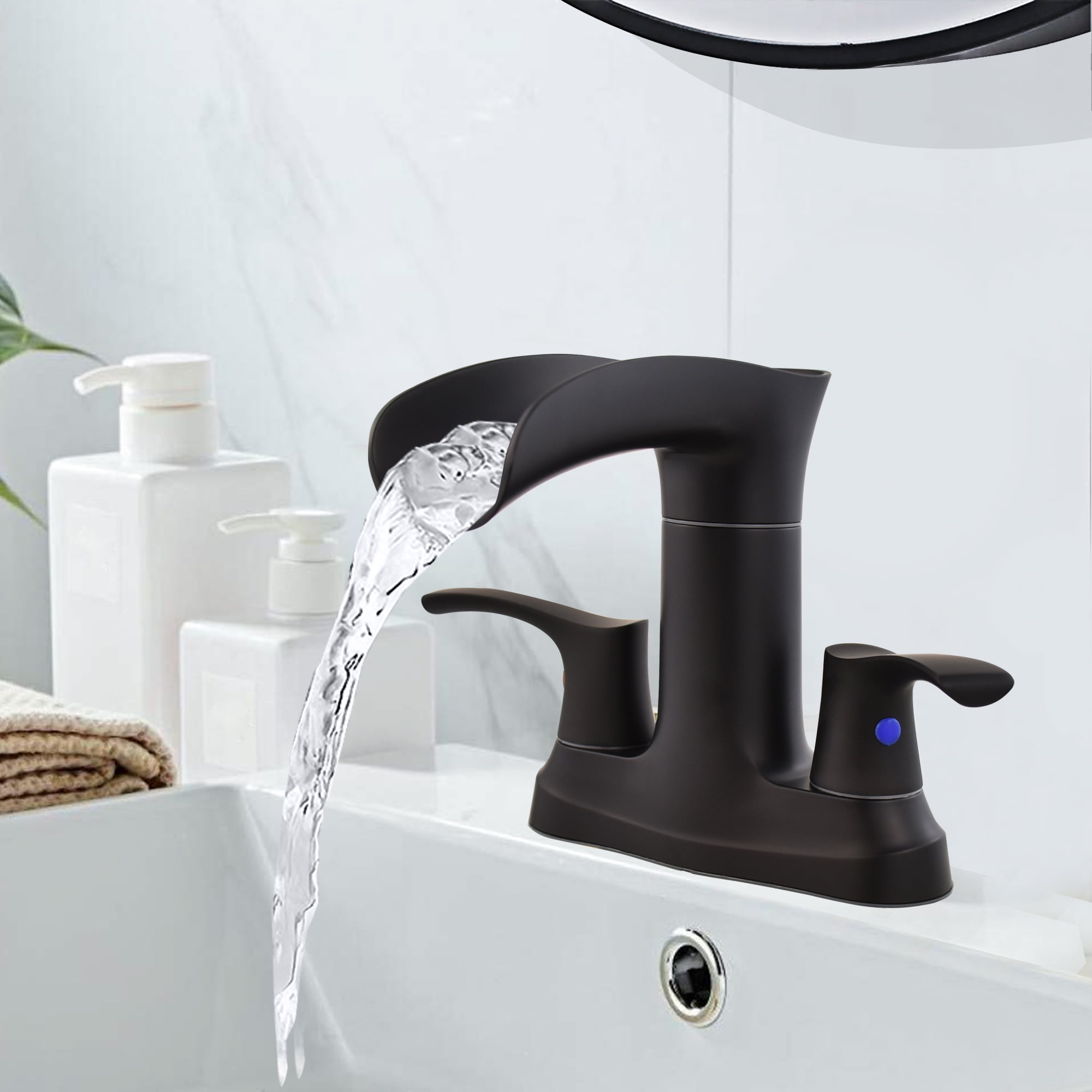 Sunrinx 4'' Centerset Bathroom Faucet 2-Handle Waterfall Sink Faucet with 360° Swivel, Matte Black, Lead-Free, Pop-Up Drain