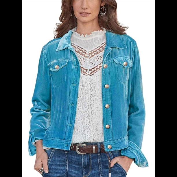 Chaqueta de Terciopelo de Larga de Color Liso para Mujer, Abrigo Corto Informal con Hebilla y Bolsillos. Azul Brillante M