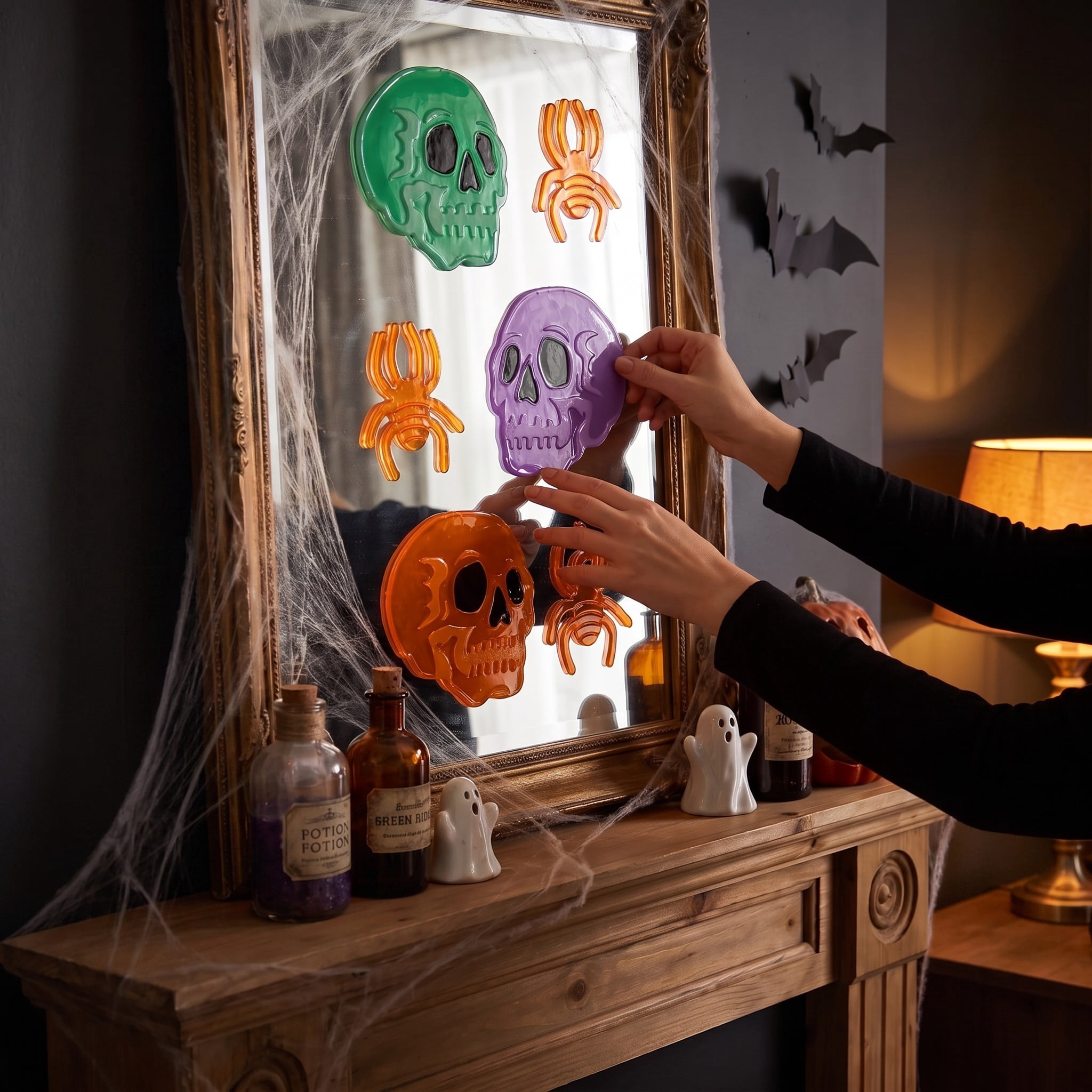 Skulls and Spiders Gel Clings, Multicolor, 5.5" x 12.1", Halloween by Way To Celebrate