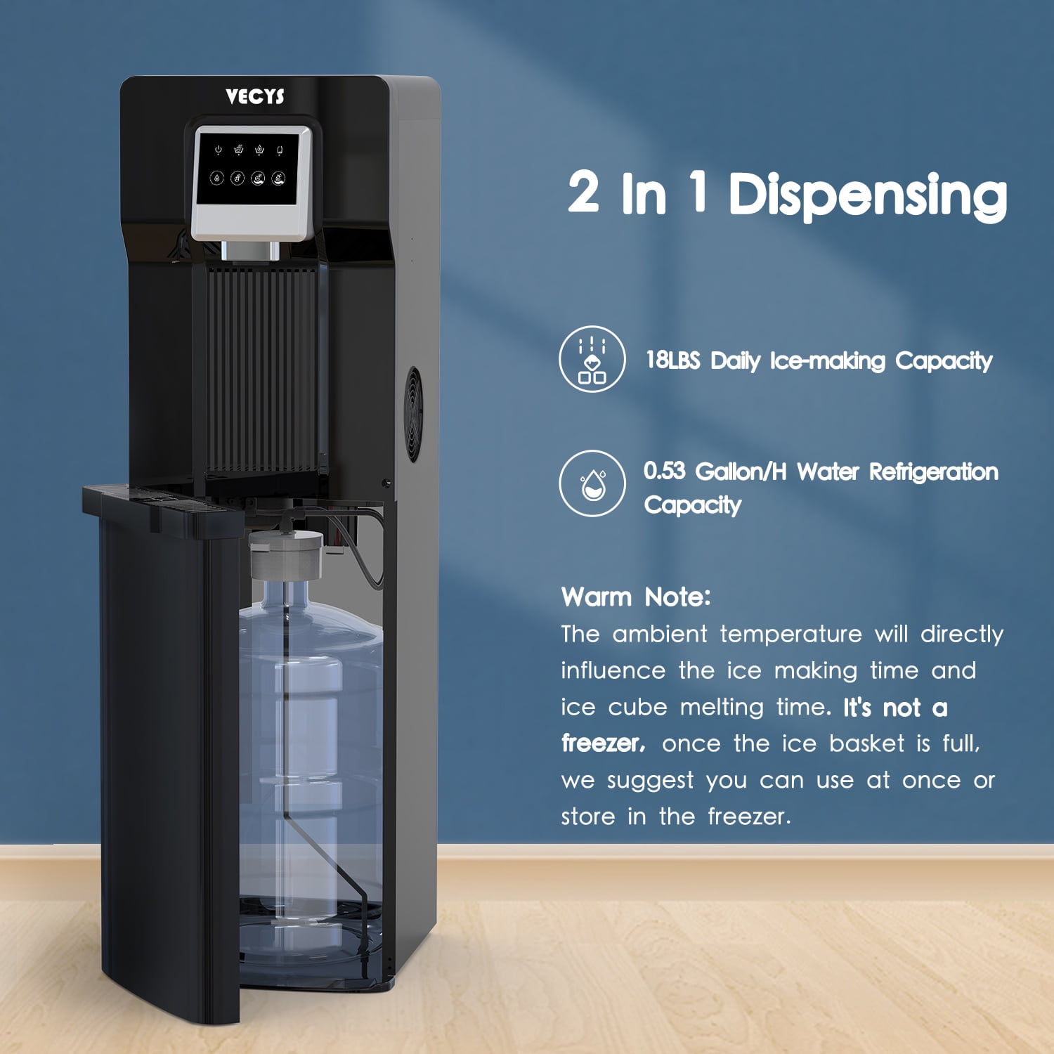 VECYS 3 5 gal Bottom Loading Cold Water Cooler with Ice Supply, 18LBS Daily Ice Making