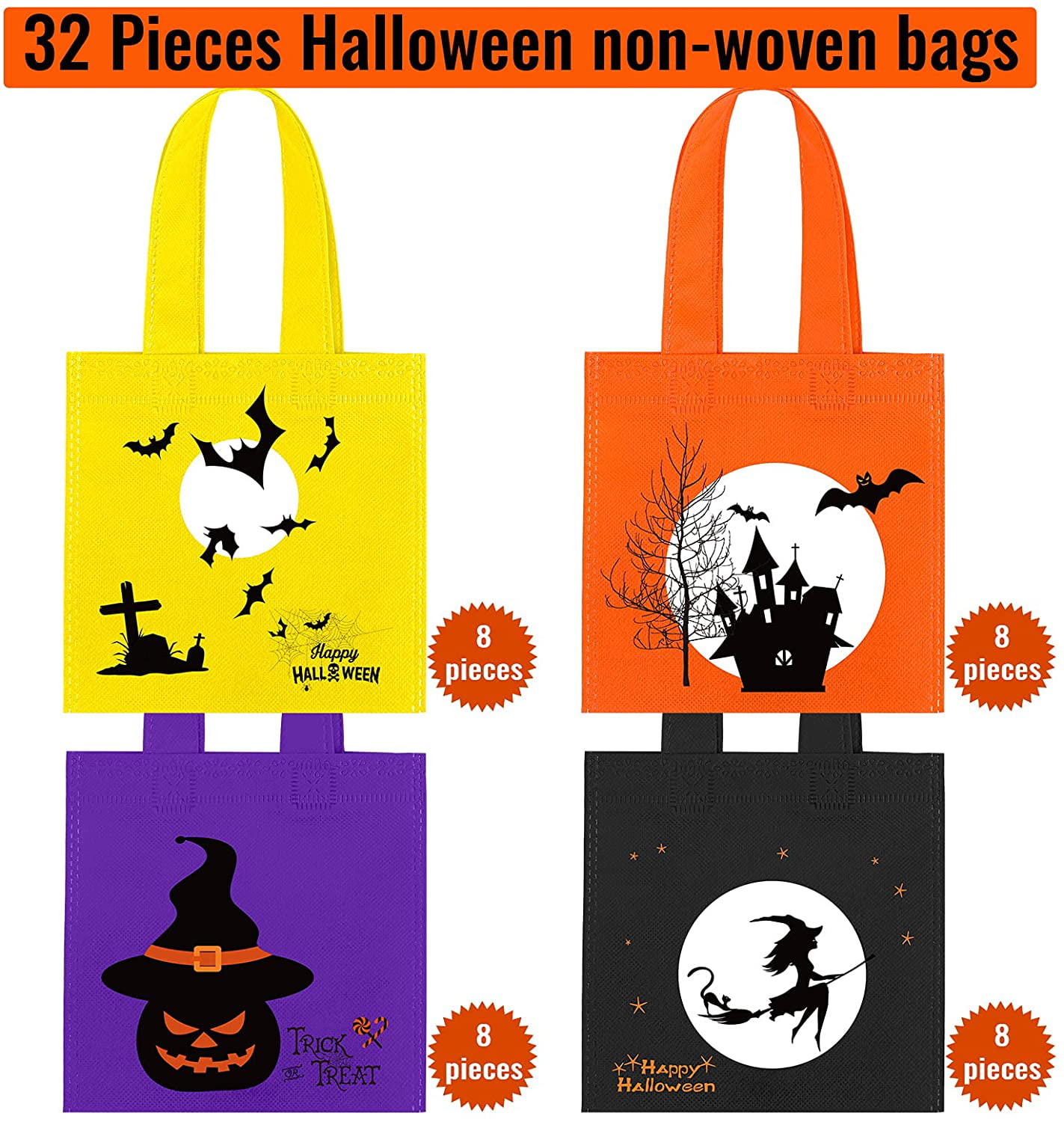Halloween Party Favors and Supplies 6 Designs Trick or Treat Tote Gift Bags with Handles for Halloween Candy Goodie Bags JOYIN 32 Pcs Halloween Non-Woven Bags Halloween Snacks Bags