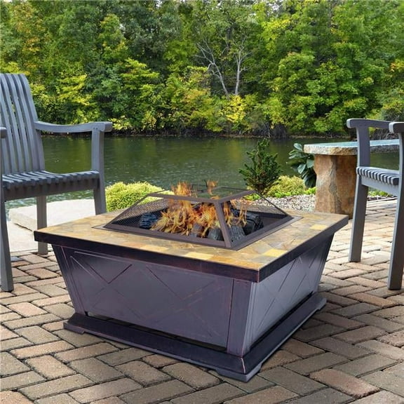 Cerrar 21” x 36” Square Steel Fire Pit with Slate Hearth and Oil Rubbed Bronze Finish