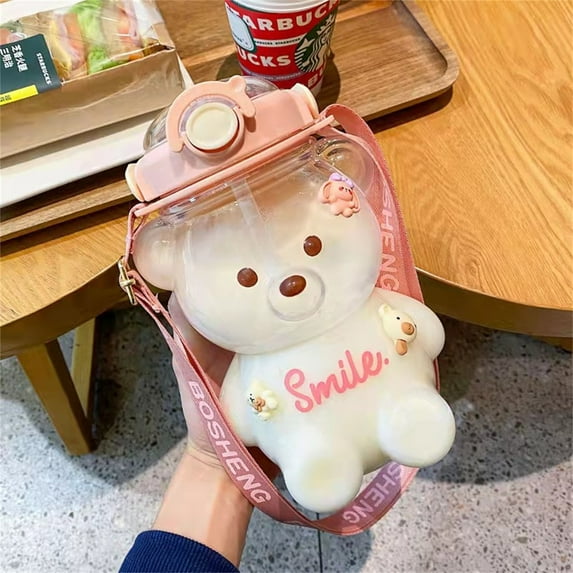 Christmas Savings Feltree Water Bottle - 34 OZ Kawaii Bear Water Bottle with Integrated Carrying Loop and Removable Shoulder Strap BPA-free Drinking Cups for Girls Women Travel School