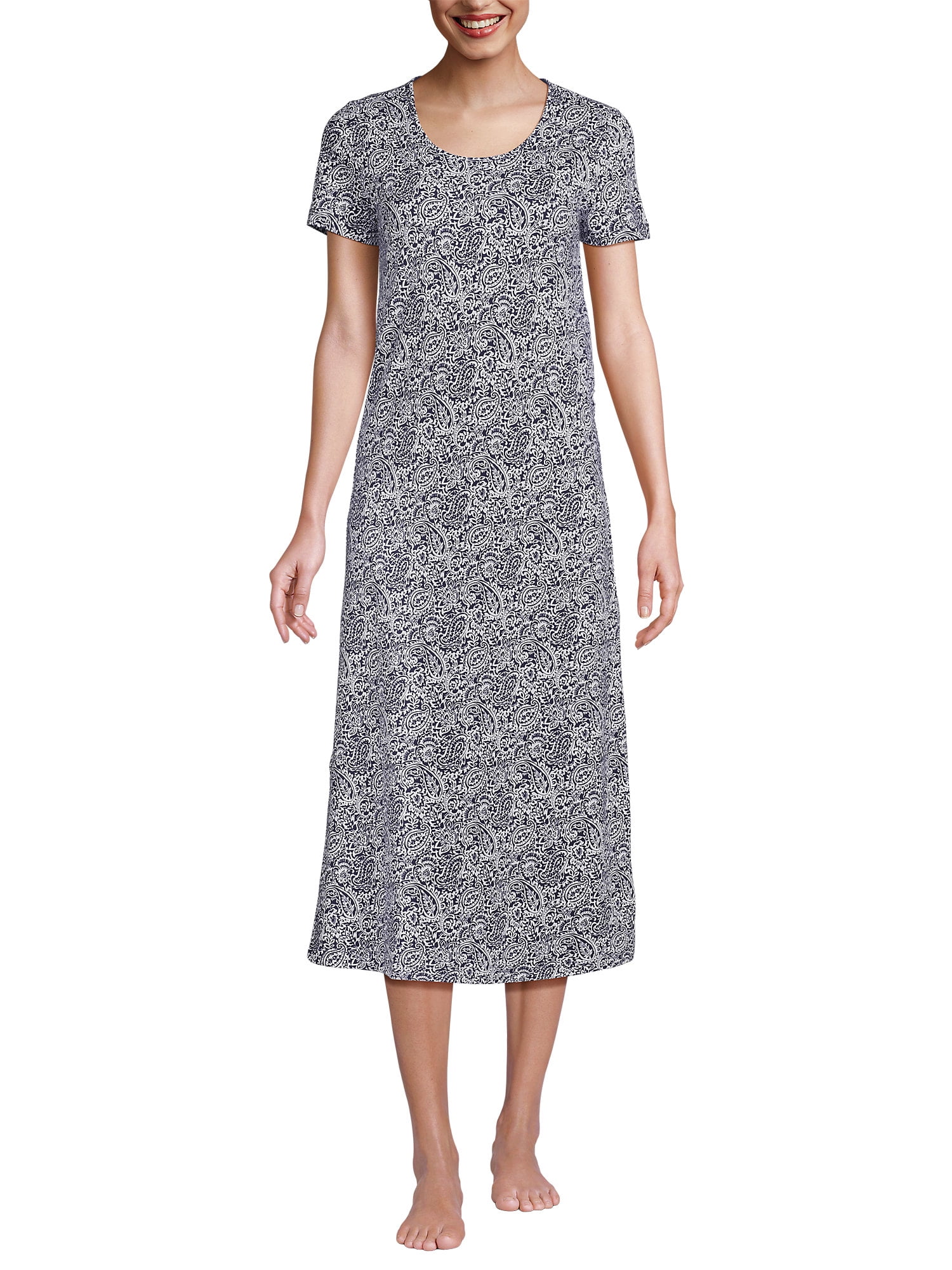 Lands' End Women's Midcalf Supima Cotton Nightgown Print Short Sleeve, L, Cornflower