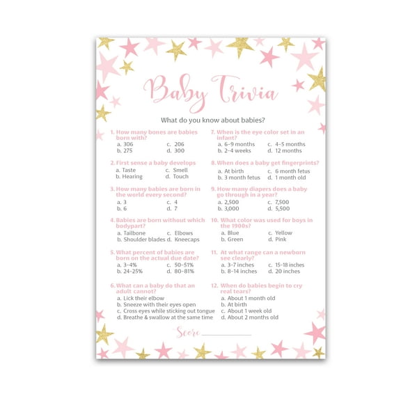 Pink and Gold Stars Baby Shower Game — BABY TRIVIA Game — Pack of 25 — GIRL Baby Shower Games, Fun Baby Facts Game, Baby Girl Shower Activity, Twinkle Twinkle Little Star Theme Shower G820-TRV