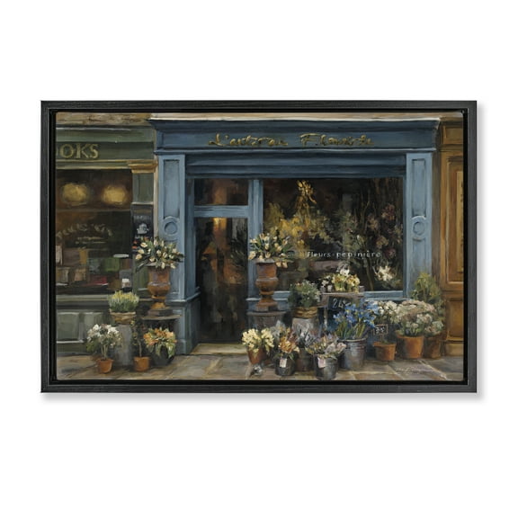 Stupell Industries Florist Shopfront in Town Buildings & Architecture Painting Black Floater Framed Canvas Art Print Wall Art, 25 x 17