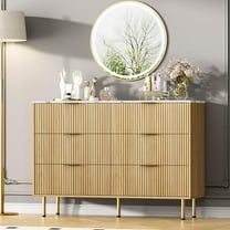 EcoSummer Fluted 6 Drawers Dresser for Bedroom, Modern Chest of Drawers, Tall Brown Dresser with Faux Marble Top and Gold Handle, Wood Drawer Organizer for Bedroom, Living Room, Hallway, Entryway