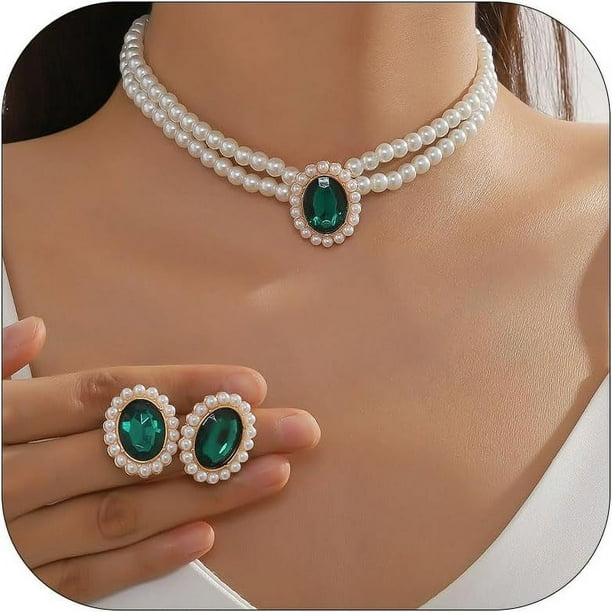Juego de collar y aretes de perlas, gargantilla de perlas, collar de perlas de imitación, collar de perlas, pulseras de perlas, conjunto de aretes, joyería para mujeres y niñas, regalo