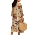 thumbnail image 2 of COEQINE Wrap Dress for Women, Modest Boho Wrap V Neck 3/4 Sleeve Loose Oriental Travel Dress, Year-Round Comfortable Linen-Like Fabric Summer Loungewear, Size M, Vintage Brown Floral, 2 of 6