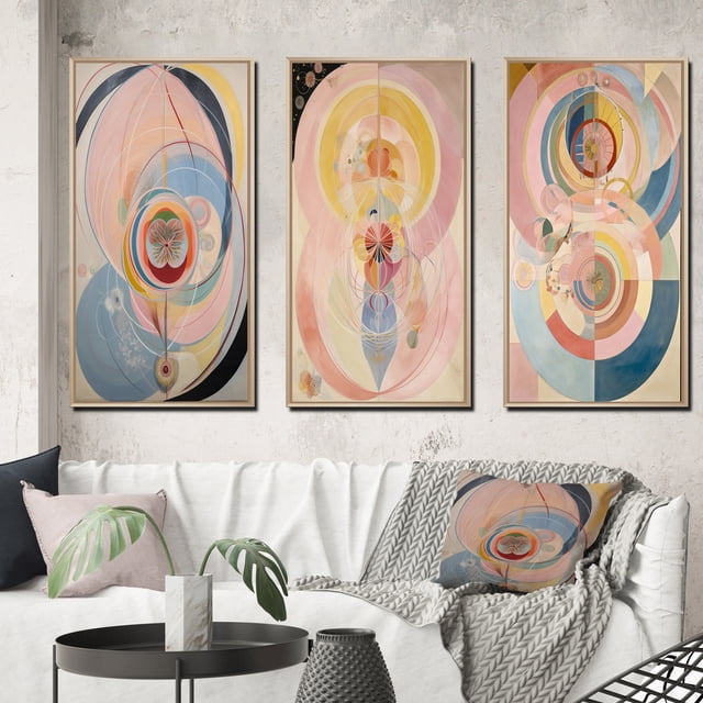 Designart "Synchronicity Pink Vintage Spiritual Retro Art III" Abstract Painting Framed Wall Art Set Of 3 - Pink Modern Frame Gallery Wall Set For Home Decor