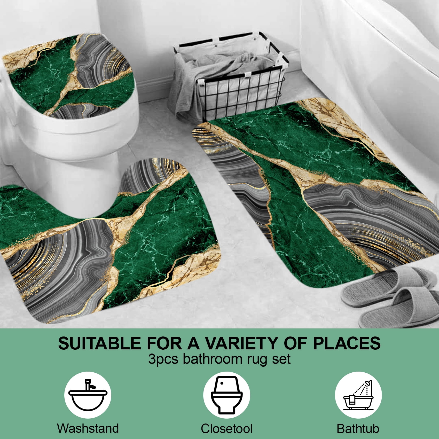 4Pcs Marble Shower Curtain Sets, Bathroom Decor Sets, Luxury Shower Curtain with 12 Hooks, Bath Mat, Toilet Lid Rug and Non-Slip U Shape Mat Accessories Marble Print, 72 x 72 Inch, Green