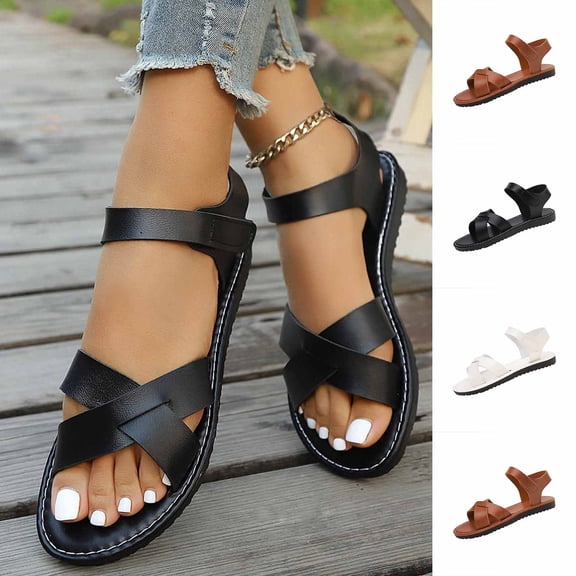 YgkuHd Women's Casual Flat Sandals Modern Crisscross Toe Strap Sleek Ankle Strap Contoured Padded Footbed Black,5.5