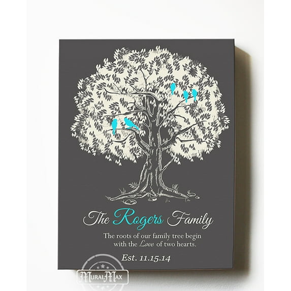MuralMax Personalized Canvas Tree Inspirational Art - The Roots of Our Family Begin With The Love of Our Two Hearts - Romantic Wall Decor Gift - Color - Charcoal - Size 8 x 10