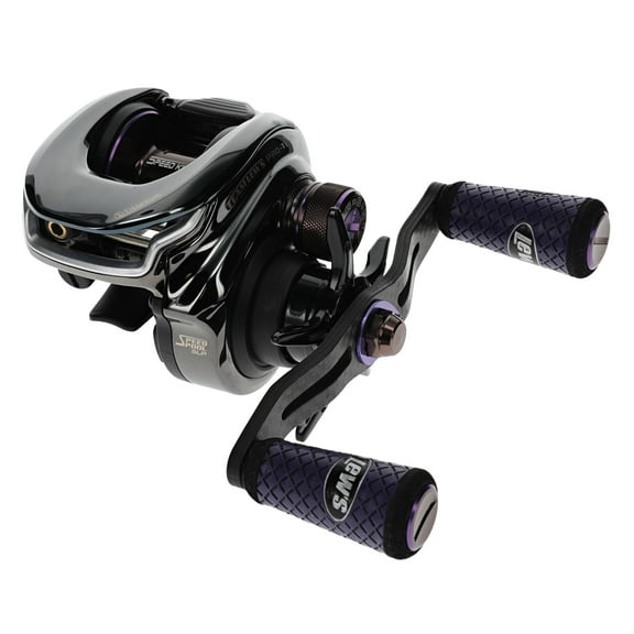 Lew's Team Lew's Pro-Ti Baitcast Reel, 7.5:1 Gear Ratio, Left-Hand Retrieve, Titanium Gray/Purple
