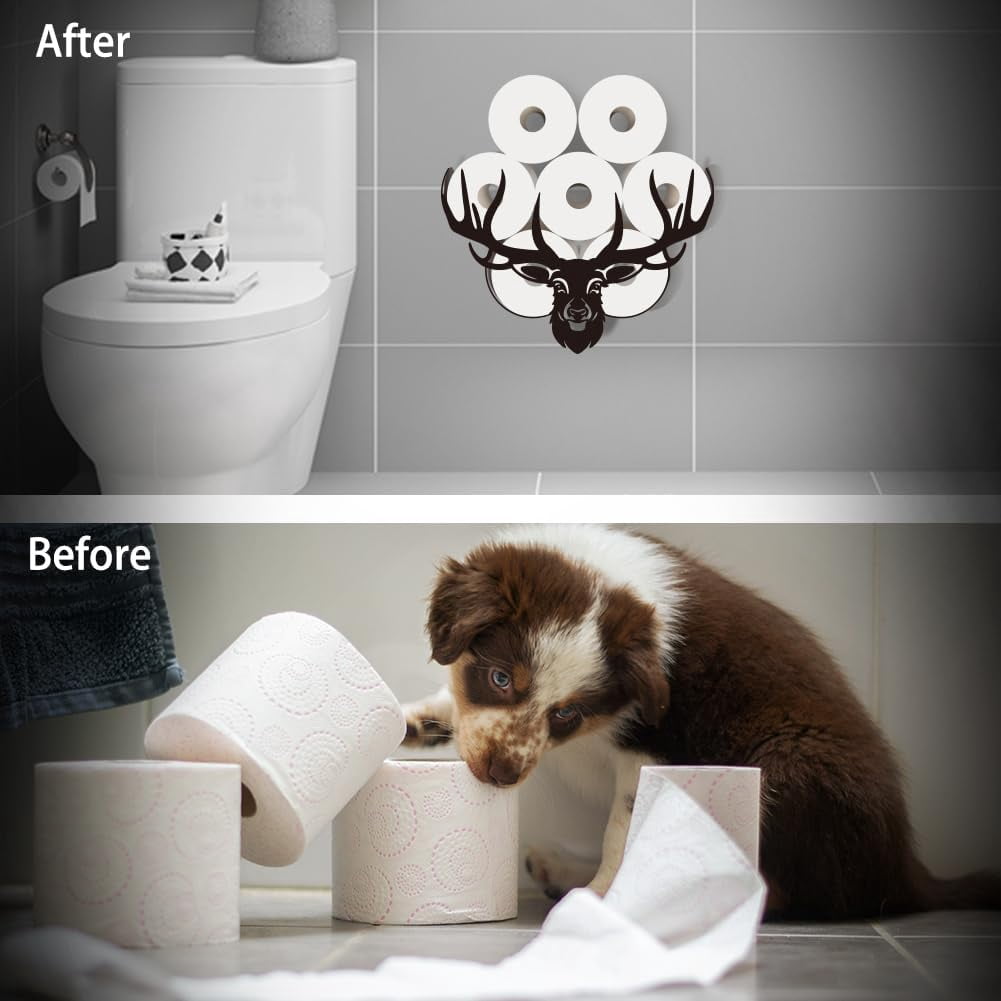 Black Deer Head Toilet Paper Roll Holder Iron Antler Toilet Paper Storage Shelf Cute Animal Toilet Paper Cabinet Deer Bathroom Wall Mounted Toilet Paper Organizer