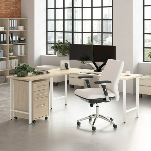Hustle 72W x 24D L Shaped Desk with Drawers in Natural Elm - Engineered Wood