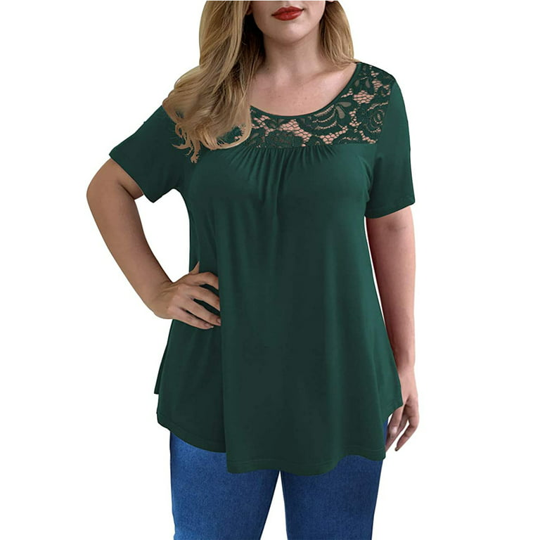 Womens Plus Size Tops Short Sleeve Pleated Lace Neck Flowy Tunic Blouses