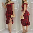 thumbnail image 2 of Ichuanyi Woman Dress Women Fashion Plaid Dress Plain Cold Shoulder Ruffle Loose Hem Slit Dress, 2 of 8
