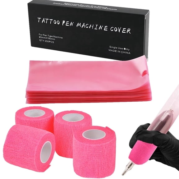 Tattoo Machine Pen Covers with Grip Tape - Yuelong 200Pcs Pink Tattoo Pen Bags and 4Pcs Grip Wrap Kit Combination Machine Sleeves Bags Self-Adhesive Grip Covers Tattoo Supplies for Artist