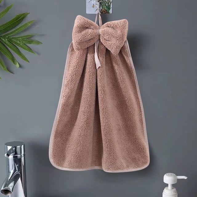 Hand Towel | Bow-Knot Hangable Fleece | Soft Absorbent Polyester | Quick Dry | Multi-Use Kitchen Bathroom Towel | No Shedding | Brown Gray Beige | 33cm x 33cm | 1 Pack
