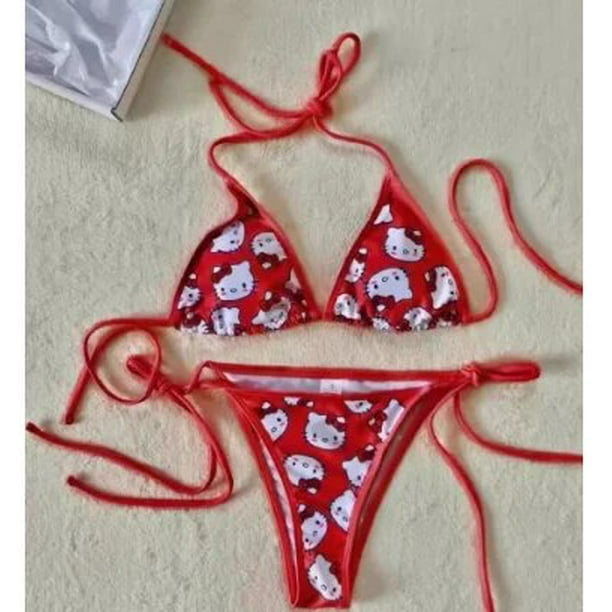 Sanrio-Conjunto de Bikini de Hello Kitty para playa, traje de baño de 2 piezas con estampado de dibujos animados Y2K, bragas suaves con tiras laterales, Bikini Sexy Kawaii