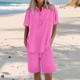 thumbnail image 5 of Womens Summer Outfits Cotton Linen Short Sleeve Button Down Shirt with Bermuda Shorts 2 Piece Lounge Set with Pockets Pink S, 5 of 6