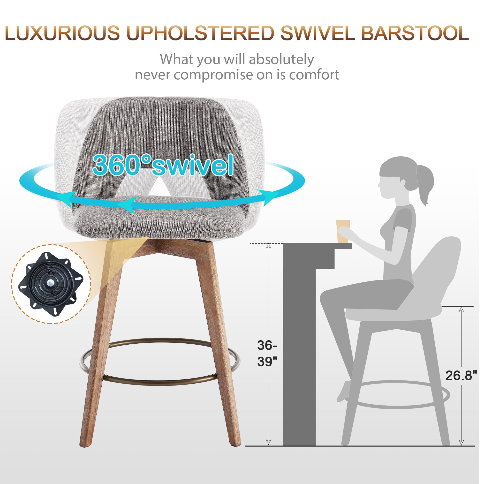 Zesthouse 26.8" Swivel Bar Stools Set of 2, Linen Upholstered Counter Height Stools with Open Back and Brushed Wooden Legs, Mid Century Barstools Kitchen Bar Chairs for 36"-39" Countertop, Gray
