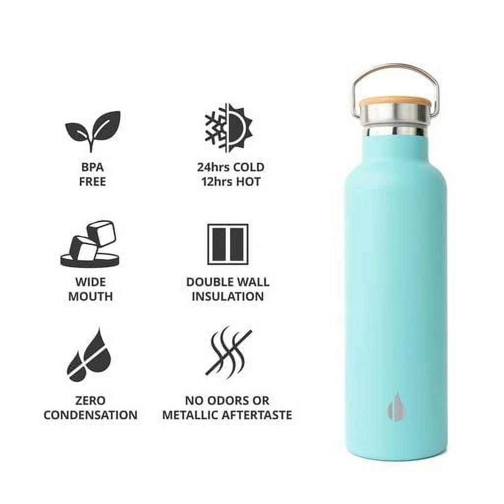 Elemental Classic Insulated Water Bottle, Leak Proof Thermos Water Bottle with Bamboo Lid and Metal Ring, Reusable Insulated Stainless Steel Water Bottle, 25oz - Robin's Egg