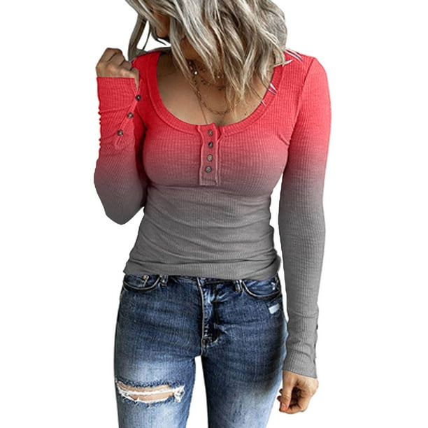 Gibobby Blusas Termicas Dama Camiseta ajustada para mujer camiseta de manga larga con agujeros a rayas y cuello en U camiseta abotonada blusa informal Sexy Rosa XL Walmart en linea
