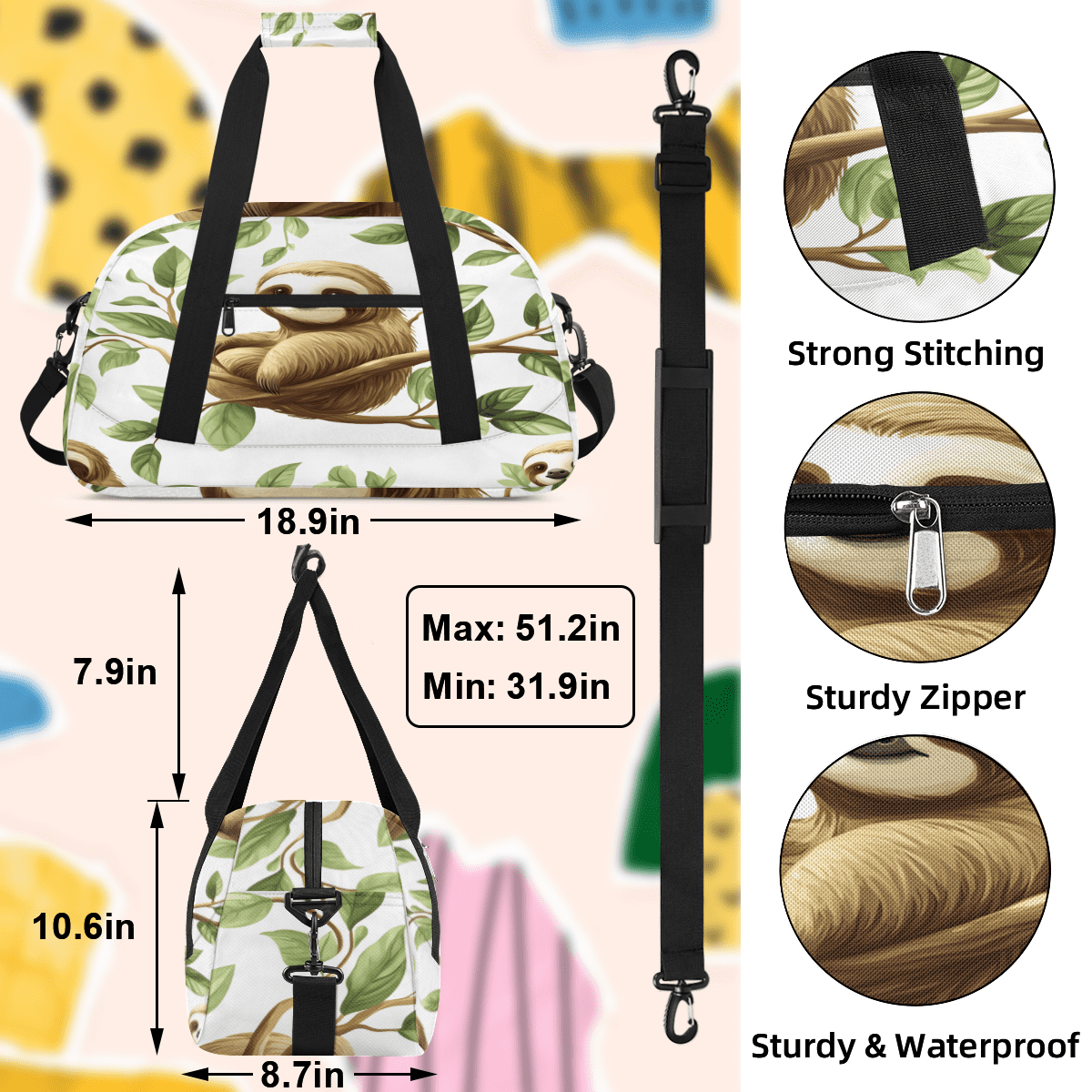 Herdesigns Sloth Sports Duffle Bags Travel Duffle Bag Gym Bag Cute Weekender Travel Bag Waterproof Overnight Bag Carry On Travel Tote Bag Dance Bags