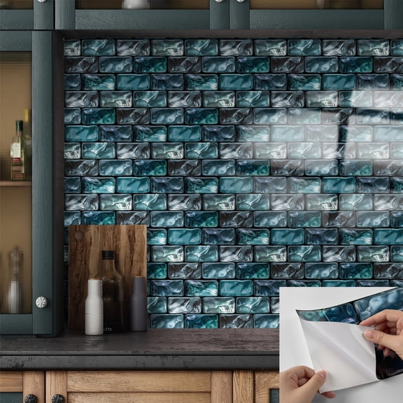 12 Pcs Self Adhesive Tiles Stickers Mosaic Brick Pattern 6 x 12inches Peel and Stick Waterproof Kitchen Backsplash Blue Gray Decals