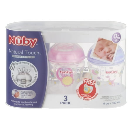 Nuby 3-Pack Natural Touch 6-oz Printed Baby Bottles with Comfort Orthodontic Pacifier, Girl, BPA-Free
