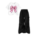 thumbnail image 2 of ECHFIPROM Big Girls Summer Outfit Short Sleeve Crew Neck Bow Print Top and Cargo Pants 2 Piece Set Casual Sports Age 8-15 Years,Black,9-10Years, 2 of 6
