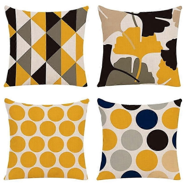 Juego de 4 fundas de cojín decorativas amarillas de lino de 18 x 18 pulgadas, fundas de almohada geométricas, fundas de almohada cuadradas
