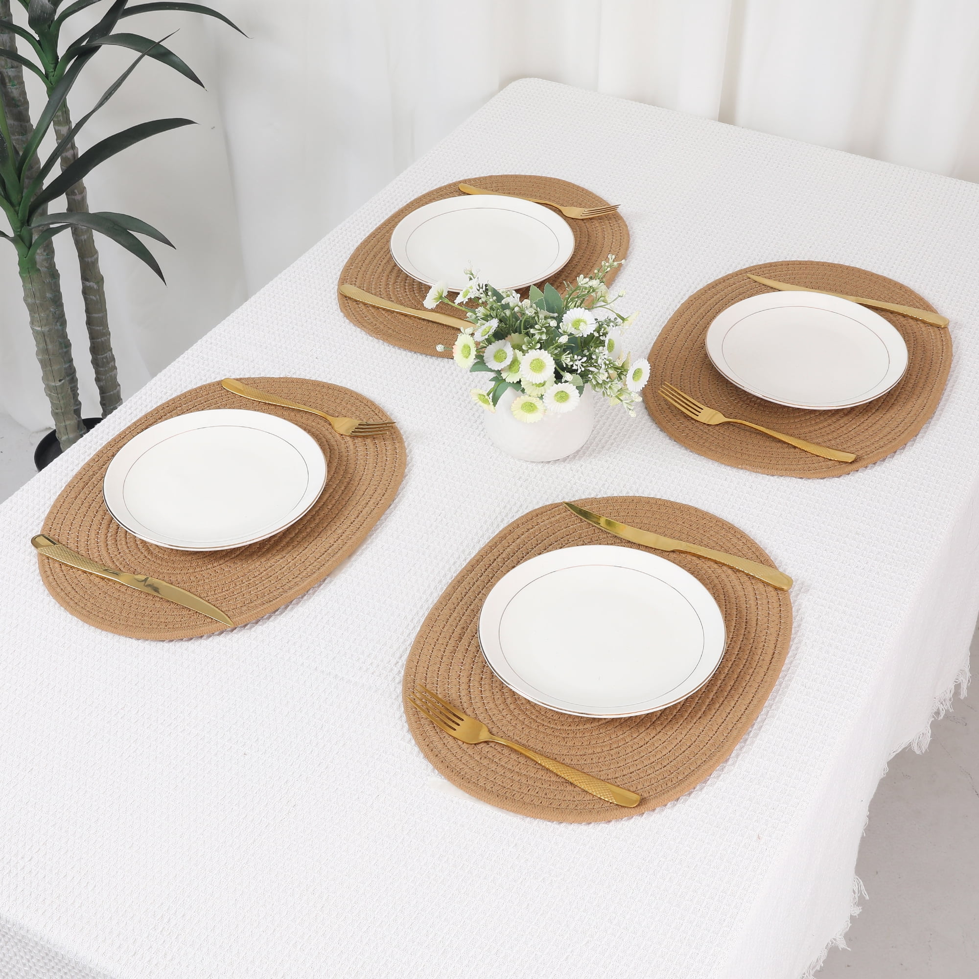 Unique Bargains Set of 4 Cotton Rope Placemats for Dining Table Decor Table Mat Brown
