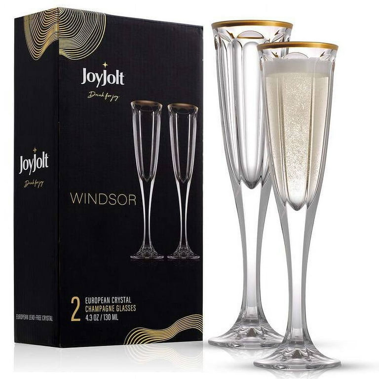 JoyJolt Windsor Collection European Crystal Champagne Glass with Gold Rim,  Set of 2 Stemmed Champagne Flutes 